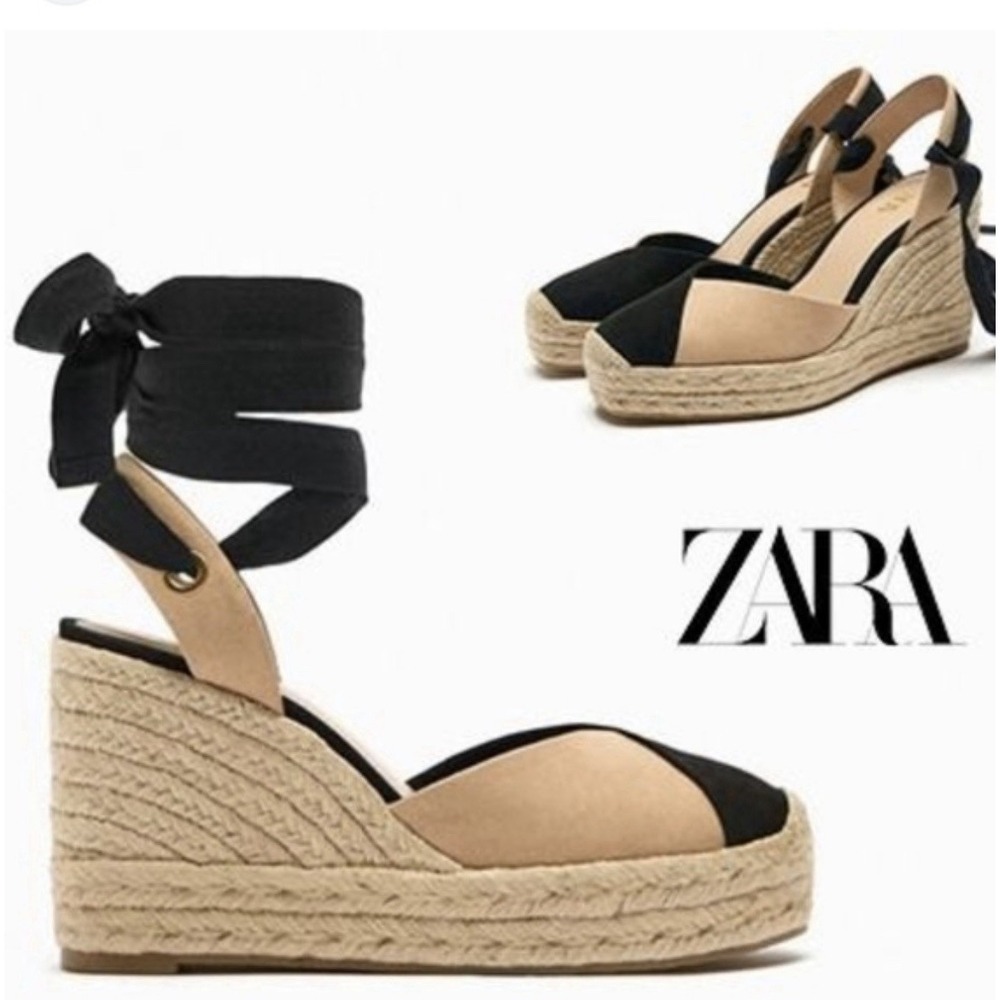 ZARA Women's Wedge Espadrille Sandals Sz 8 Black/Beige Ankle Tie Casual Boho